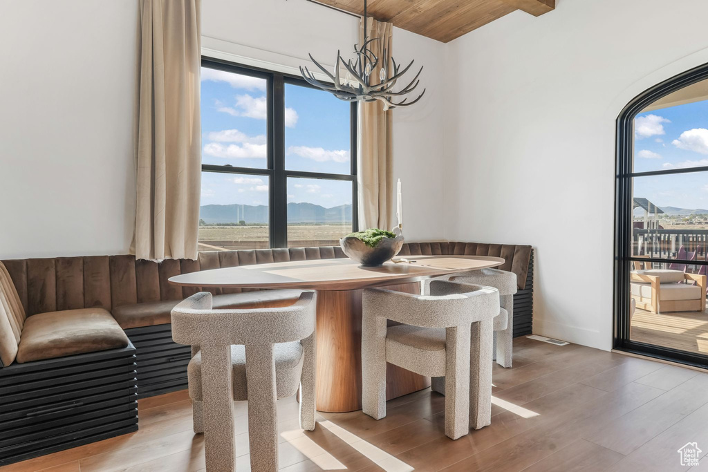 Dining space with a chandelier, wood finished floors, and healthy amount of natural light