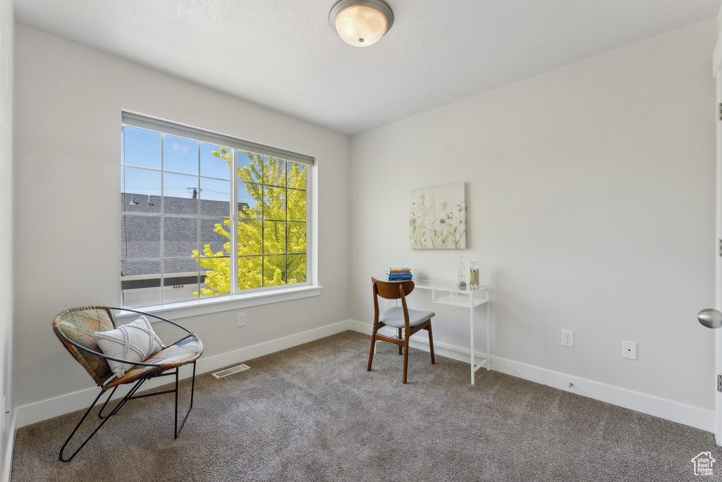 Carpeted home office featuring baseboards