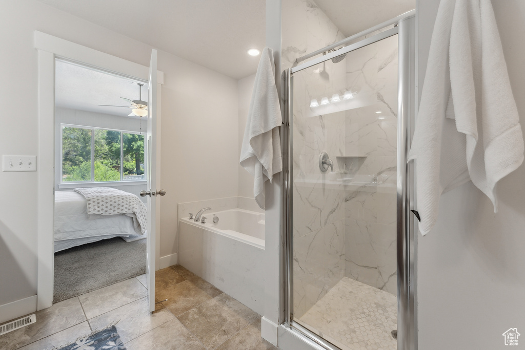 Full bath featuring a garden tub, a marble finish shower, ensuite bathroom, and ceiling fan