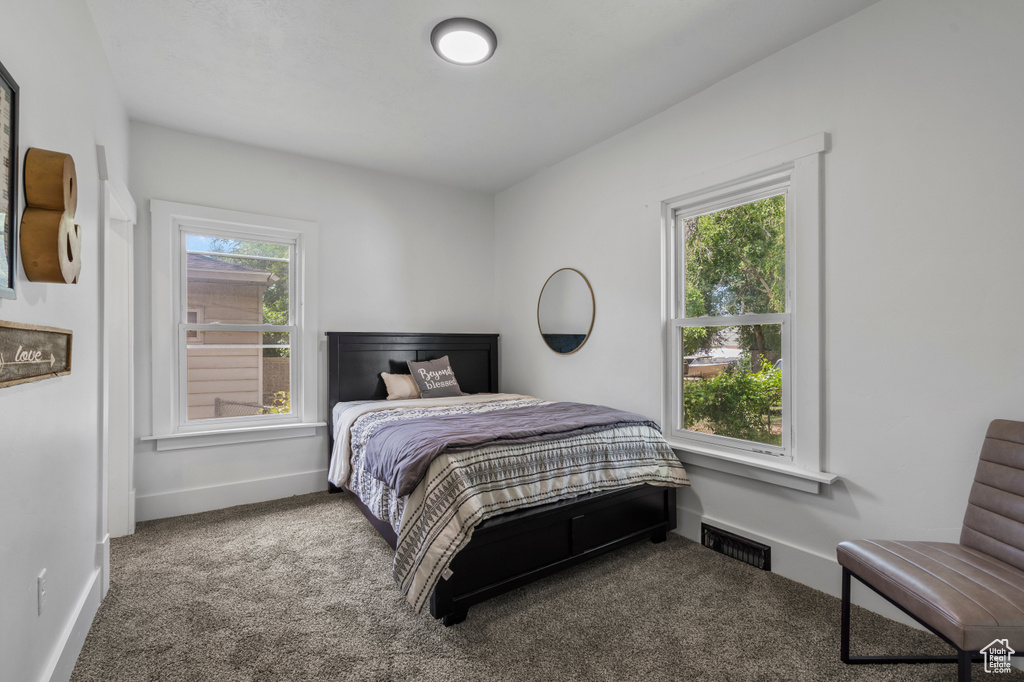 Bedroom with carpet floors and baseboards