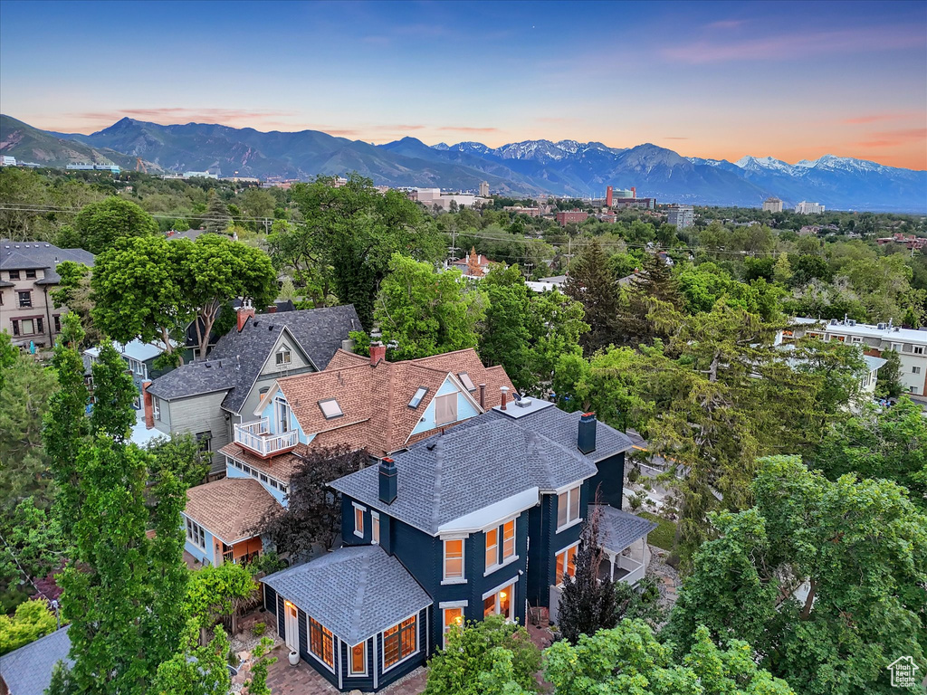 Aerial view at dusk of a mountain view