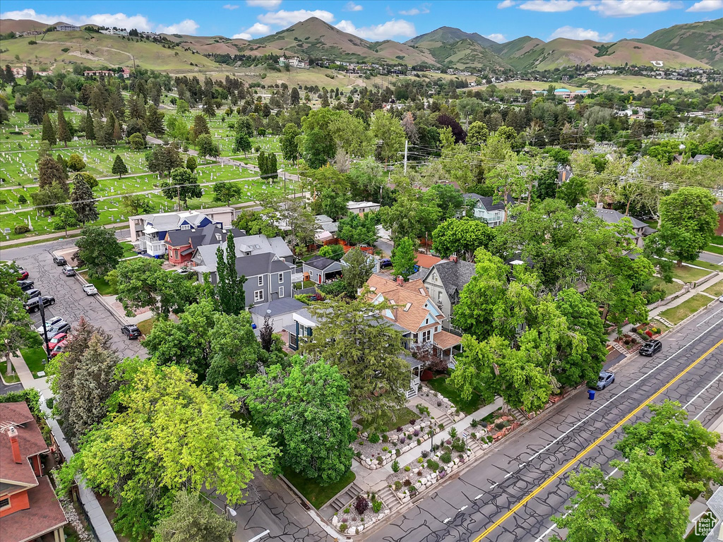 Aerial perspective of suburban area featuring mountains