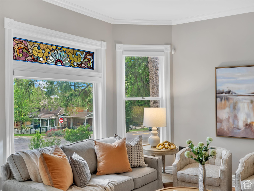 Living room with ornamental molding