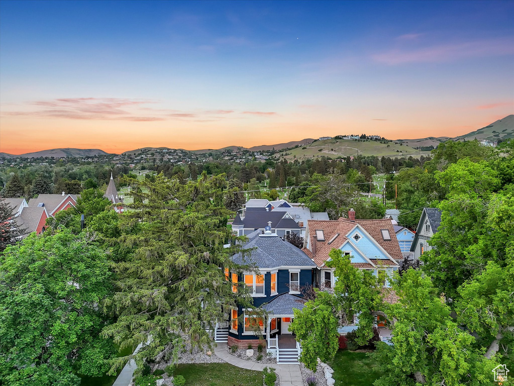 Aerial view at dusk of a mountain view