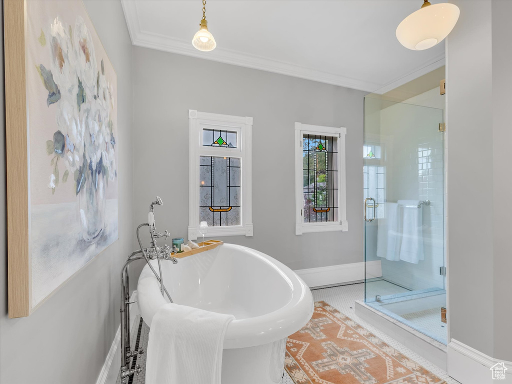 Full bath with baseboards, a stall shower, ornamental molding, and a freestanding tub