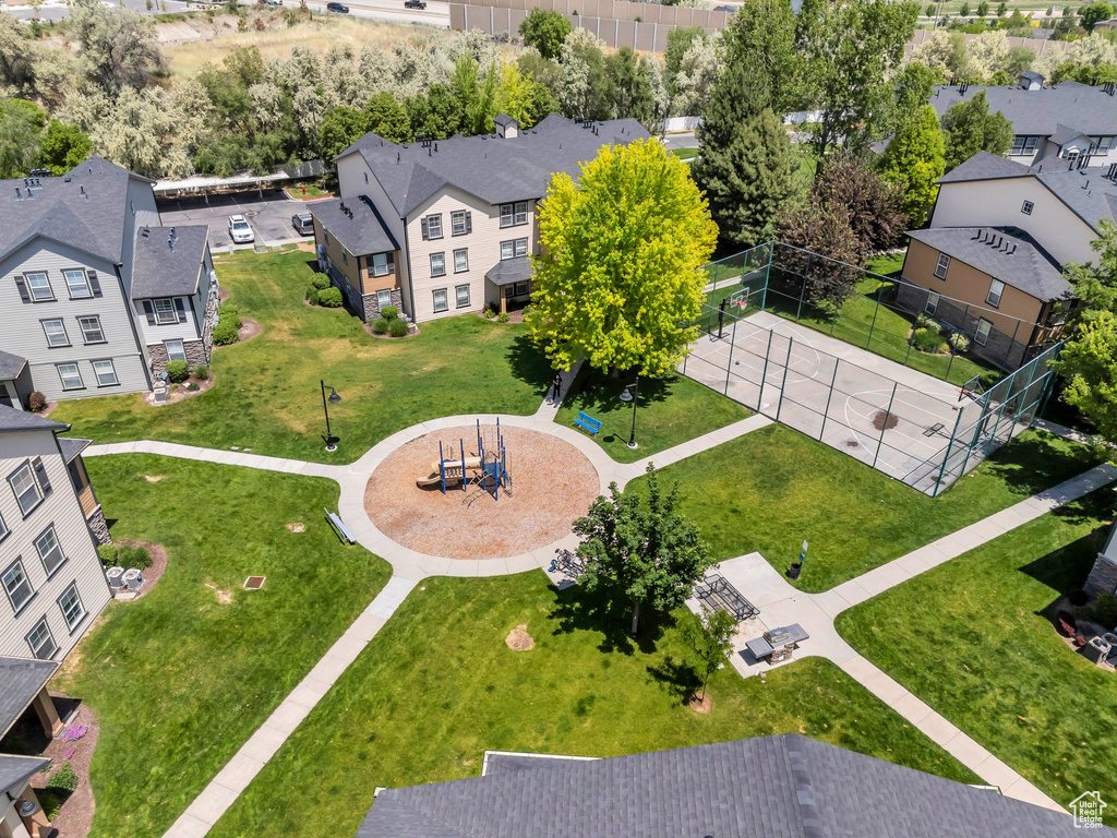 Aerial view of residential area with a park