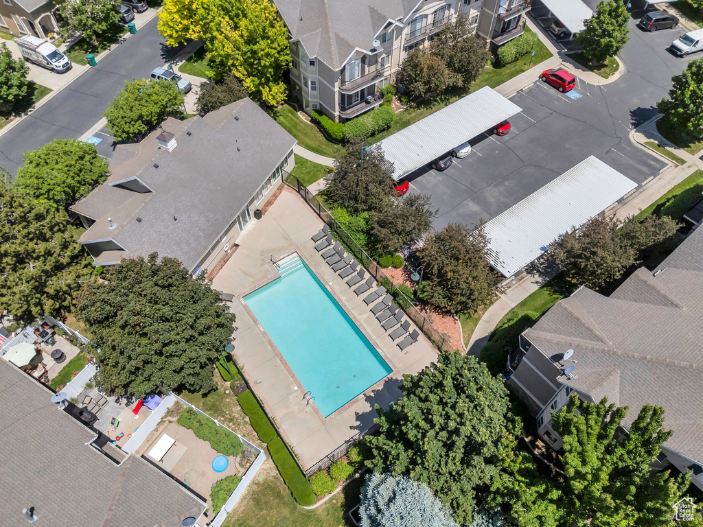 Aerial view of residential area with a pool