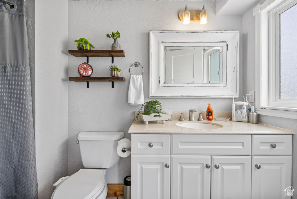 Bathroom featuring vanity, toilet, and a shower with shower curtain
