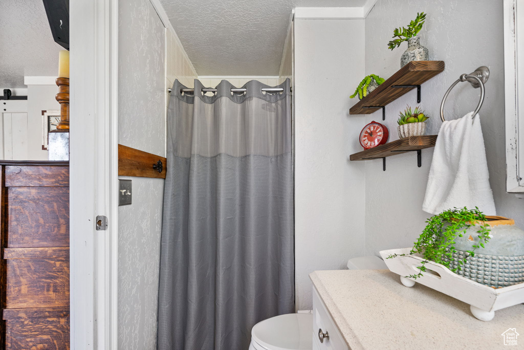 Full bathroom with toilet, a shower with curtain, a textured ceiling, and vanity
