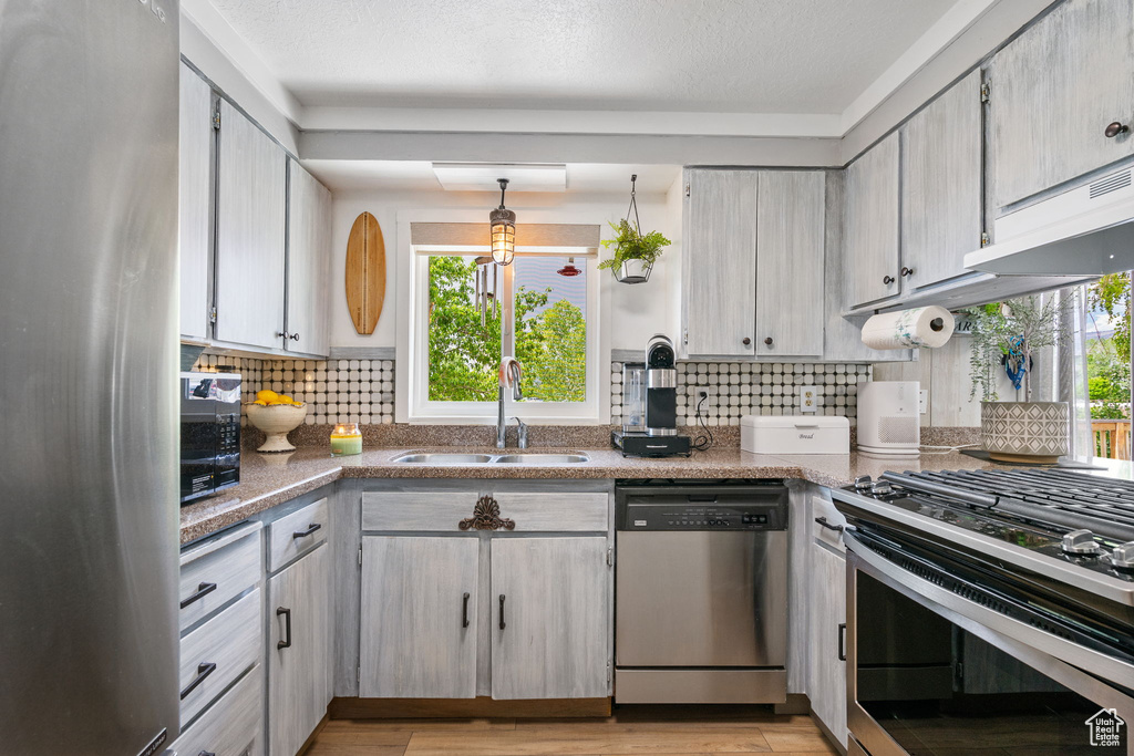 Kitchen with appliances with stainless steel finishes, a sink, backsplash, and light wood finished floors