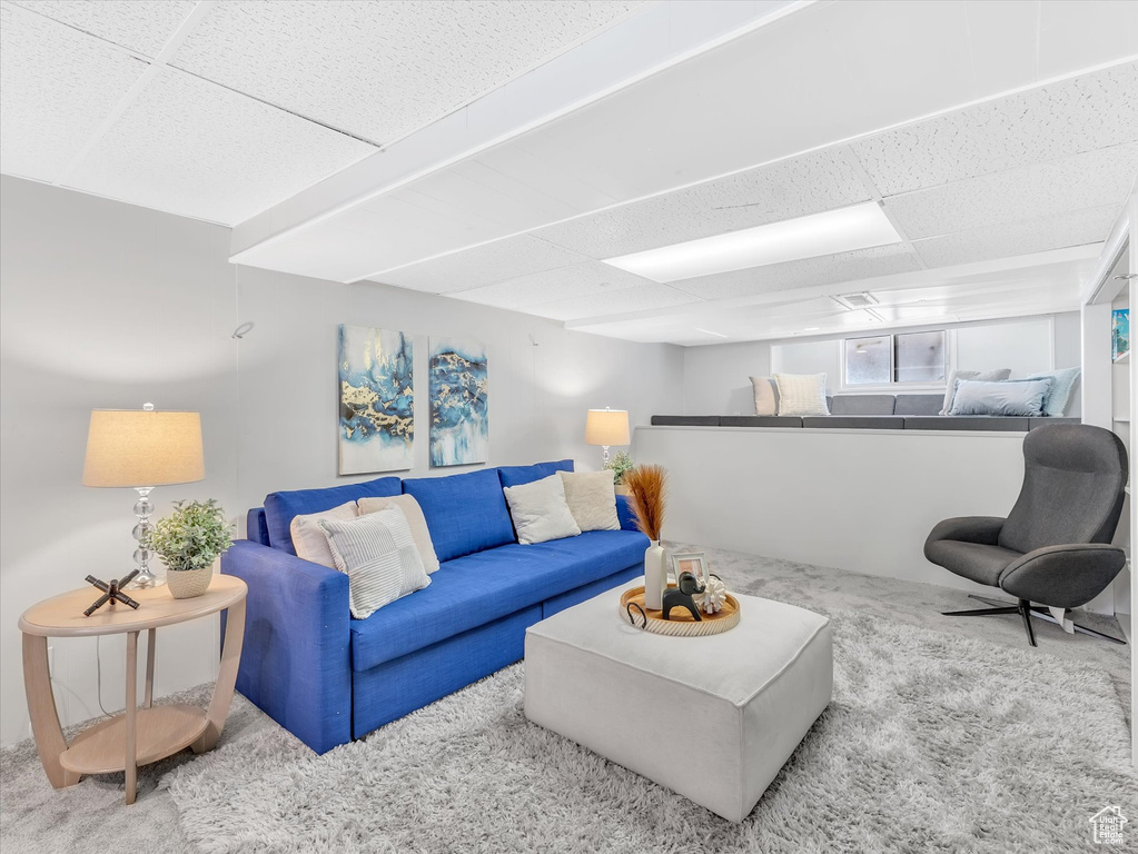 Living area with carpet and a drop ceiling