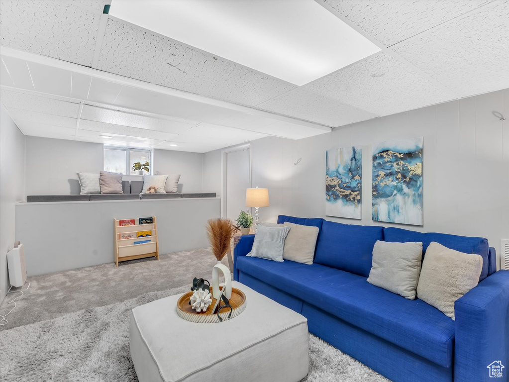 Carpeted living area with a drop ceiling