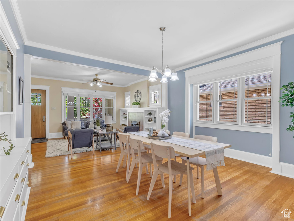 Dining space with light wood-style floors, a fireplace, baseboards, ceiling fan, and crown molding