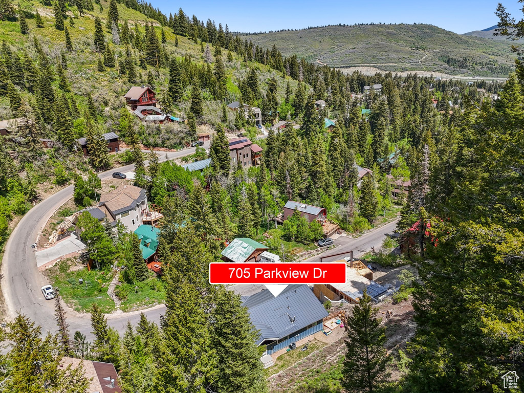 Aerial overview of property's location featuring a heavily wooded area and mountains