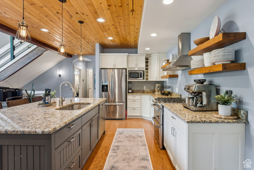Kitchen with stainless steel appliances, a sink, wall chimney exhaust hood, open shelves, and recessed lighting