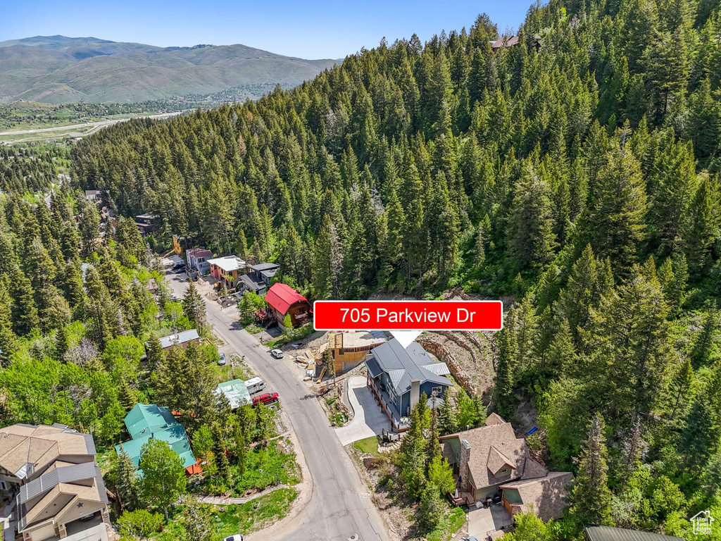 View of property location with a forest and a mountain backdrop