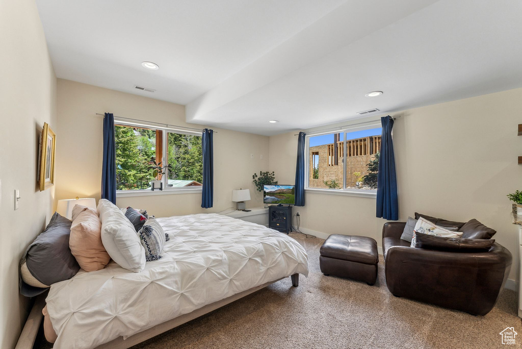 Bedroom featuring multiple windows, carpet, recessed lighting, and baseboards