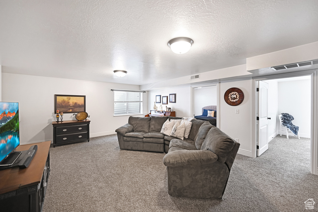 Carpeted living area with a textured ceiling and baseboards