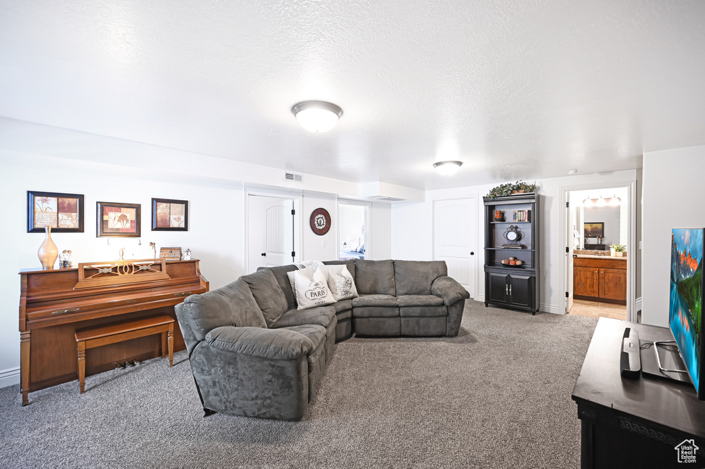 Living room with light colored carpet