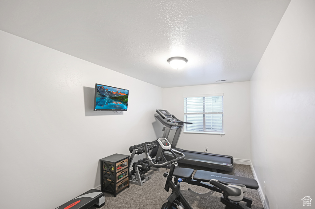 Exercise room featuring carpet flooring and baseboards
