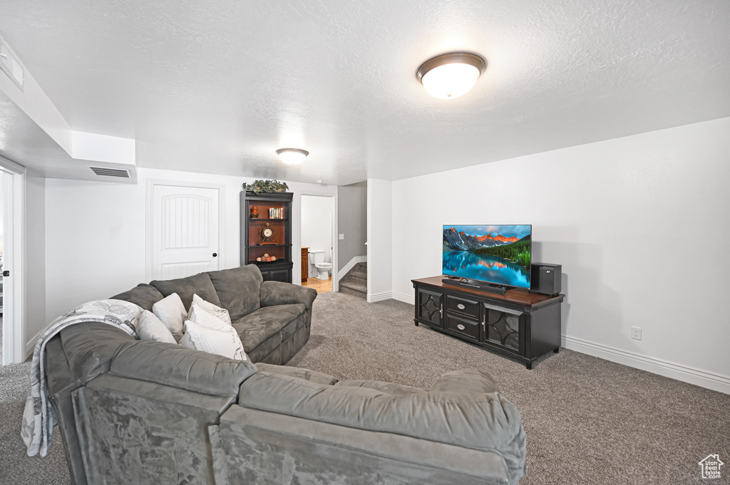 Living area featuring carpet, baseboards, stairs, and a textured ceiling