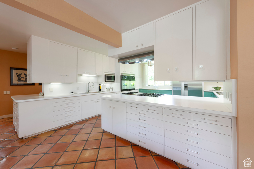 Kitchen with stainless steel appliances, a sink, a peninsula, light countertops, and white cabinetry