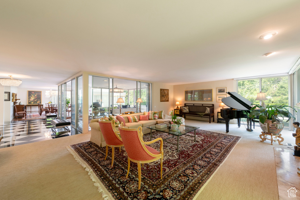 Living area with a wall of windows