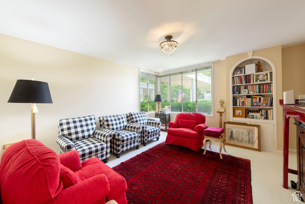 Carpeted living area with built in features