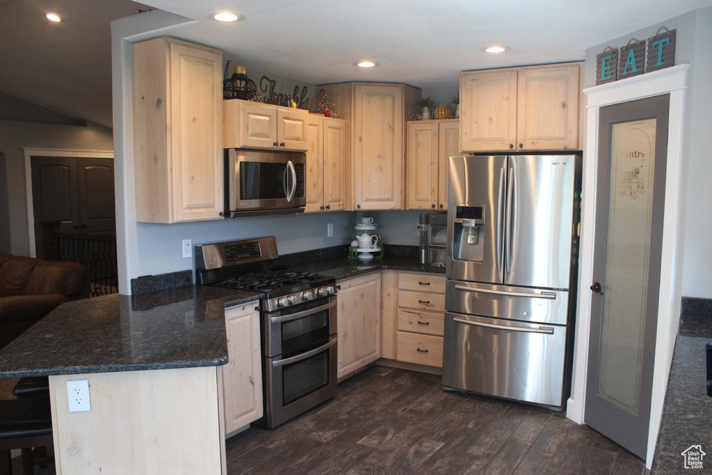 Kitchen featuring appliances with stainless steel finishes, light brown cabinets, dark wood-type flooring, a peninsula, and recessed lighting