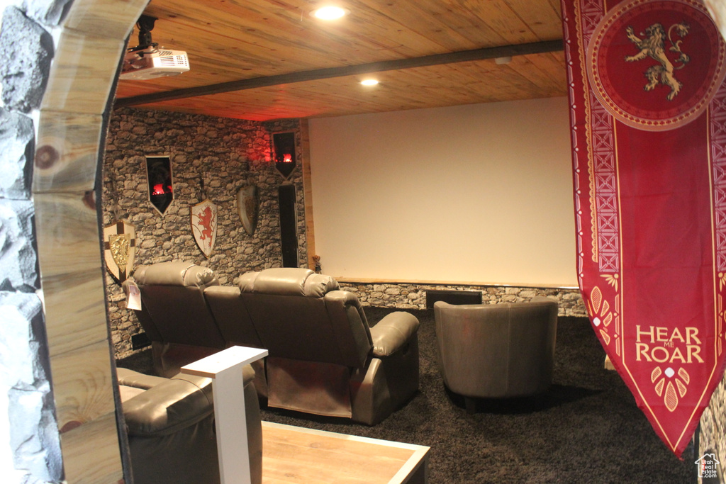 Cinema room featuring wooden ceiling and recessed lighting