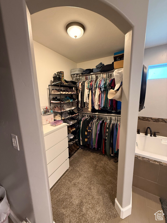 Walk in closet featuring carpet and arched walkways