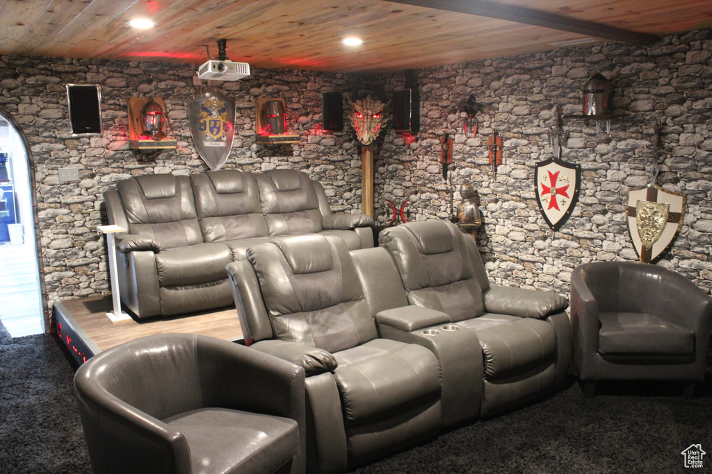 Cinema with wood ceiling, recessed lighting, and carpet