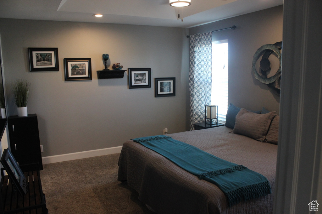 Bedroom with carpet floors, baseboards, and recessed lighting