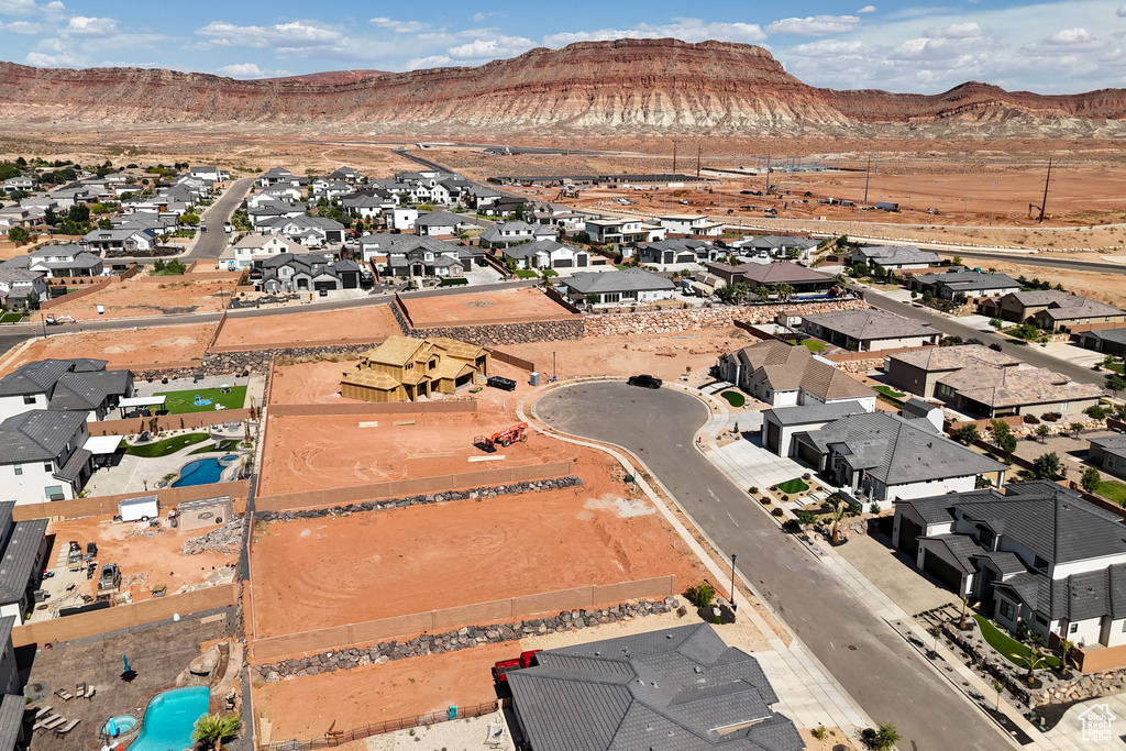 Aerial perspective of suburban area with mountains