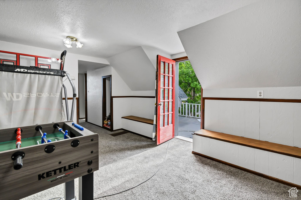 Playroom with a textured ceiling, carpet floors, and lofted ceiling