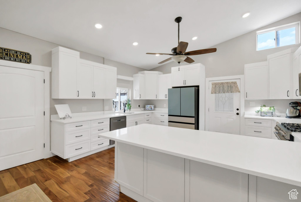 Kitchen with stainless steel appliances, vaulted ceiling, ceiling fan, dark wood-type flooring, and healthy amount of natural light