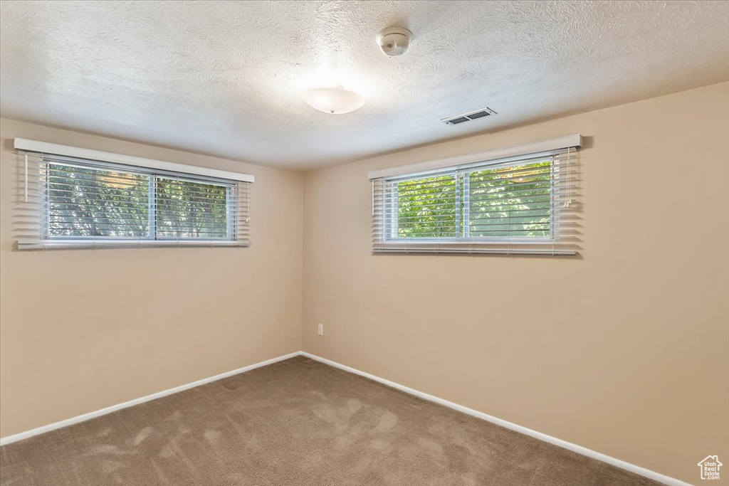 Spare room with carpet, baseboards, a textured ceiling, and a smoke detector