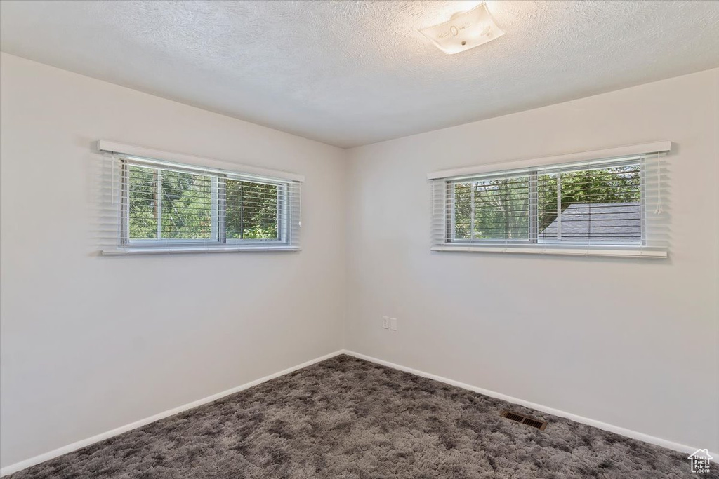 Spare room with healthy amount of natural light, dark carpet, and baseboards