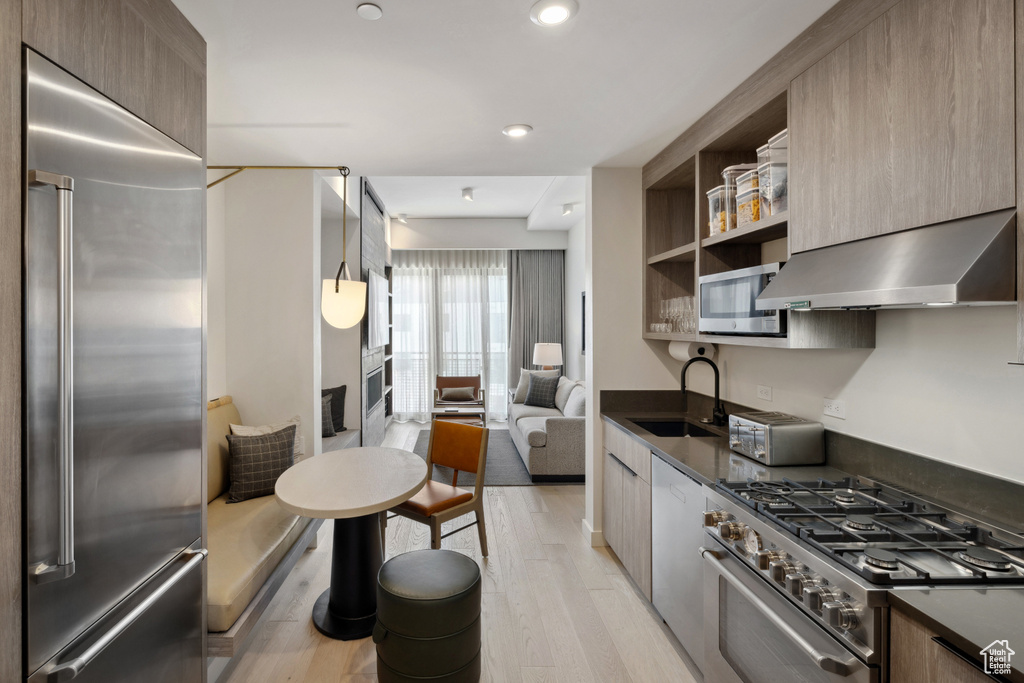 Kitchen featuring high quality appliances, exhaust hood, dark countertops, a sink, and modern cabinets