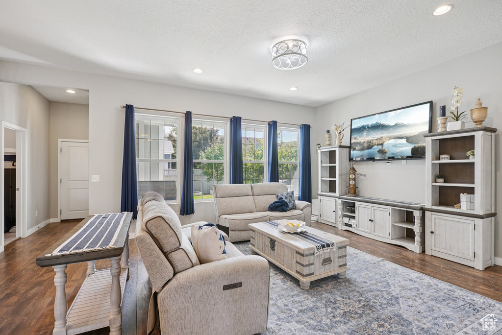 Living area featuring wood finished floors, recessed lighting, a textured ceiling, and baseboards