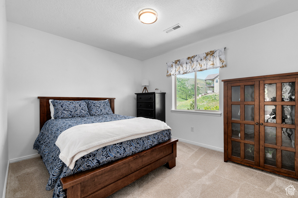 Bedroom with light carpet and baseboards