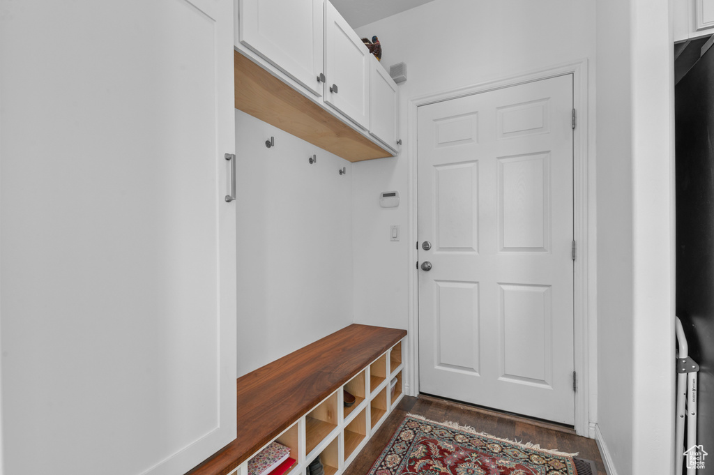 Mudroom featuring dark wood-style floors