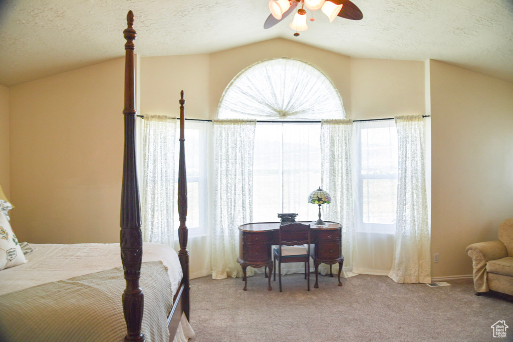 Carpeted bedroom featuring lofted ceiling, multiple windows, a textured ceiling, and a ceiling fan