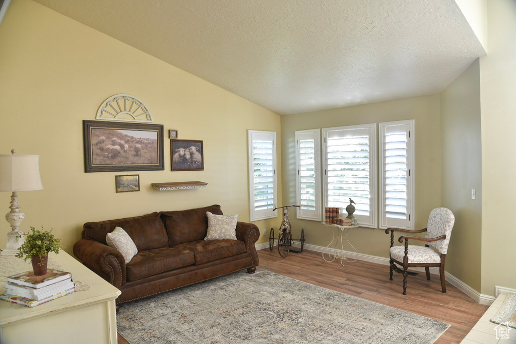 Living area featuring wood finished floors, baseboards, a textured ceiling, and lofted ceiling