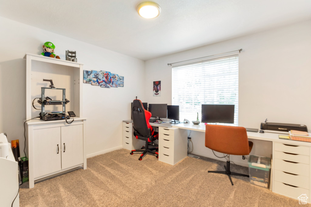 Office with light carpet