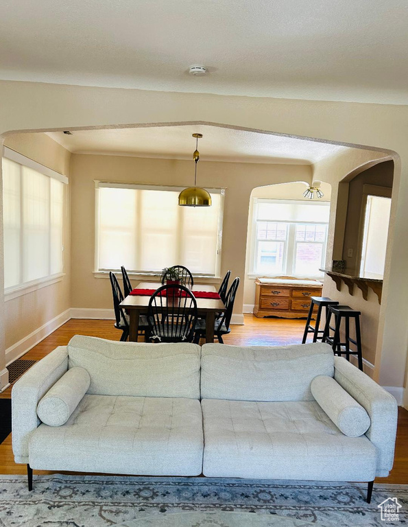 Dining space featuring wood finished floors, plenty of natural light, and baseboards