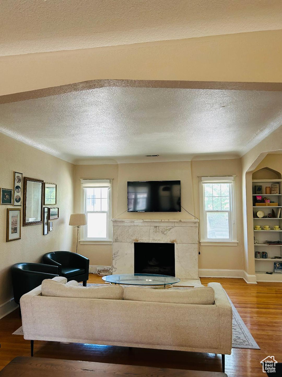 Living room with baseboards, wood finished floors, plenty of natural light, and a textured ceiling
