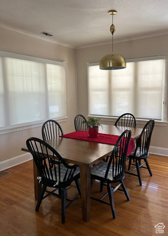 Dining space featuring plenty of natural light, wood finished floors, a textured ceiling, and baseboards