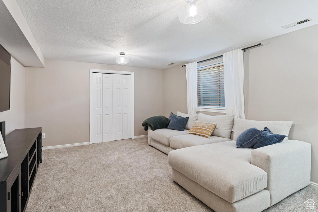 Carpeted living room with a textured ceiling and baseboards