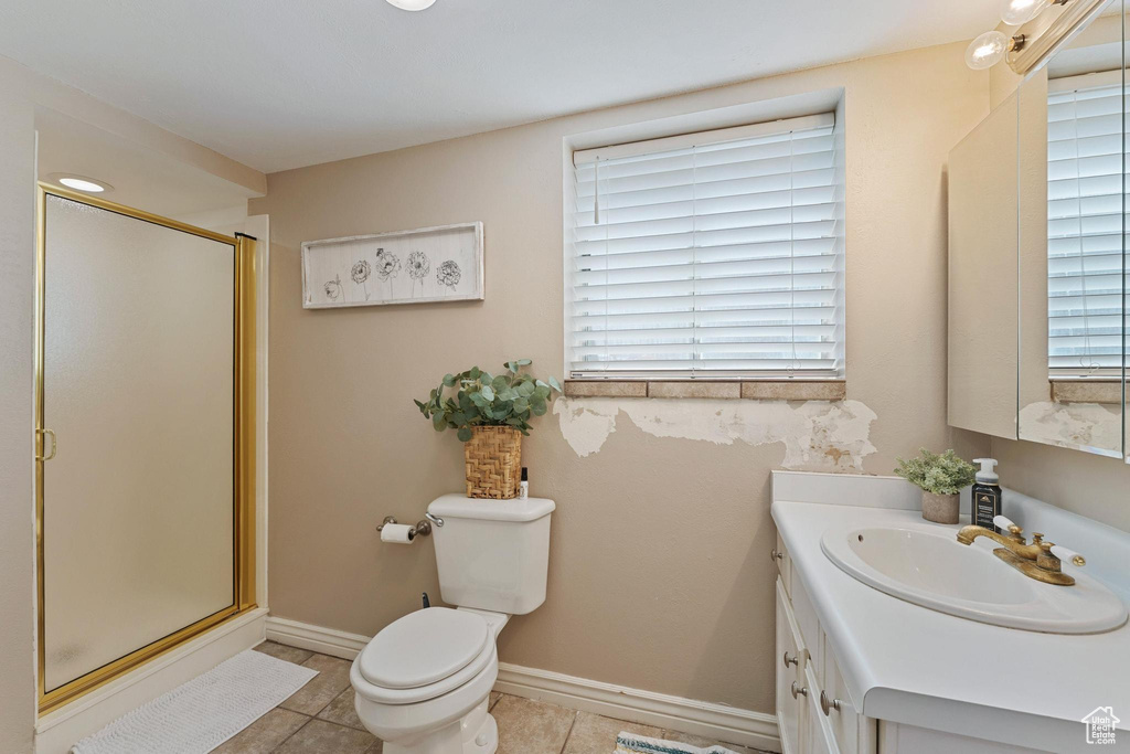 Full bathroom with vanity, a shower stall, toilet, and tile patterned floors